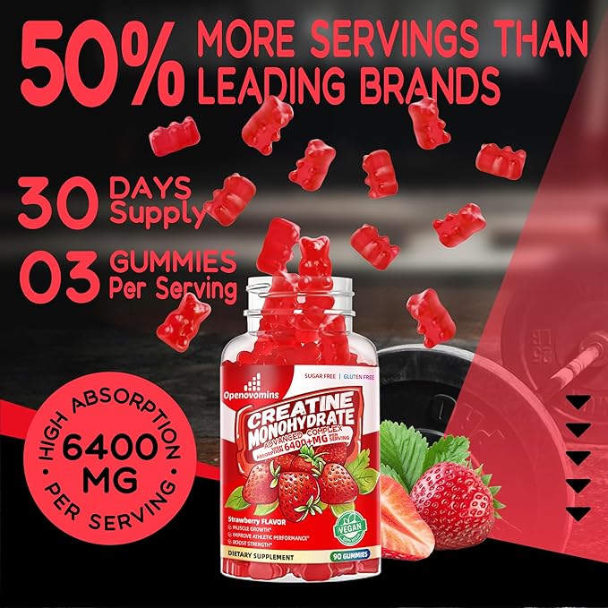 Creatine Monohydrate Gummies Complex 6400mg for Men & Women -Advanced Formula W/L-Taurine + Vitamin B12, Sugar Free Chewable Supplement,180 Strawberry Gummies 2pack
