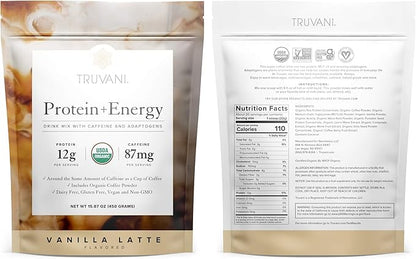 Truvani Protein + Energy Drink Mix with 87mg Caffeine | Vanilla Latte | 12g Organic Plant Based Protein | 20 Servings | USDA Organic Coffee Powder & Adaptogens | Gluten & Dairy Free | Vegan | Non-GMO