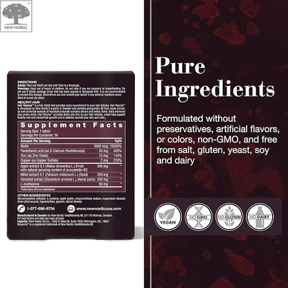 New Nordic Hair Volume Tablets, 3000 mcg Biotin & Biopectin Apple Extract, Hair Vitamins to Support Natural Hair Growth for Thicker, Fuller Hair, for Men and Women, 30 Count (Pack of 1)