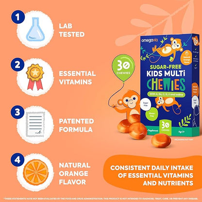 OmegaVia Sugar Free Kids Multivitamin Chewies - Daily Chewable Gummy Vitamins for Kids 3+, Vitamin A, C, D3, E, B6 & B12, Folate & More, Natural Orange Flavor, 30 Count