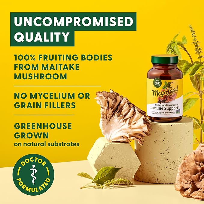 MegaFood Superfood Mushroom Immune Support - Maitake Mushroom Supplement with Elderberry & Holy Basil to Help Support a Healthy Immune System - Doctor Formulated, Vegan - 60 Capsules, 30 Servings
