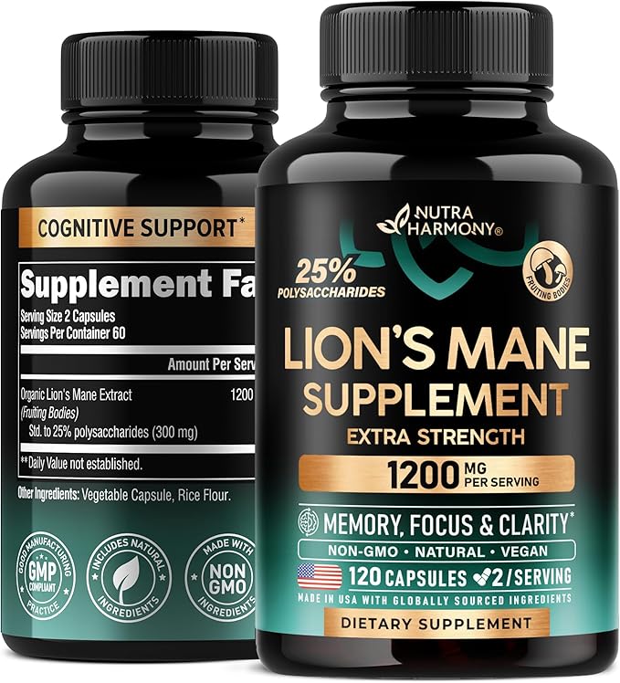 Lions Mane Supplement Capsules - Organic Lions Mane - Made in USA - Fruiting Bodies Extract - 1200 mg, 25% Polysaccharides - Memory & Focus Support - As Lions Powder - 120 Capsules, 2 Month Supply