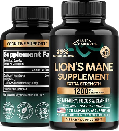Lions Mane Supplement Capsules - Organic Lions Mane - Made in USA - Fruiting Bodies Extract - 1200 mg, 25% Polysaccharides - Memory & Focus Support - As Lions Powder - 120 Capsules, 2 Month Supply