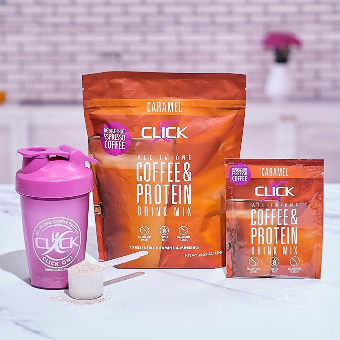 Click Coffee Protein Powder | Double Shot Espresso | 16g Protein | 23 Essential Vitamins | Low Calorie Meal Replacement | 150mg Caffeine | Gluten Free | No Artificial Flavors or Colors | Caramel