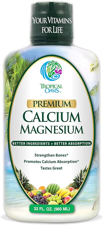Tropical Oasis Liquid Calcium Magnesium - Natural Formula w/Support for Strong Bones - Liquid Vitamins w/Calcium, Magnesium & Vitamin D - up to 96% Absorption by The Body. - 32oz, 64 Serv.