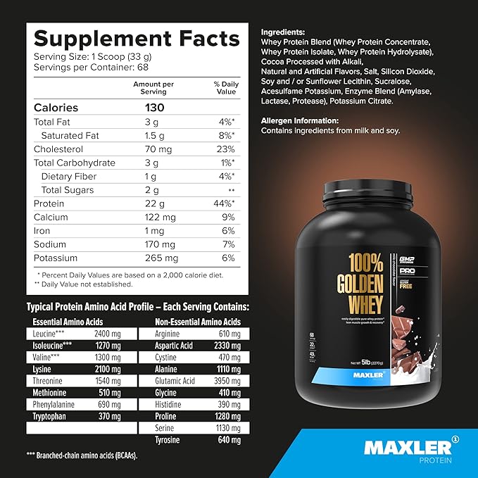Maxler 100% Golden Whey Protein - 22g Protein per Serving - Premium Whey Protein Powder for Pre Post Workout - Fast-Absorbing Whey Concentrate Isolate & Hydrolysate Blend - Milk Chocolate Protein 5 lb