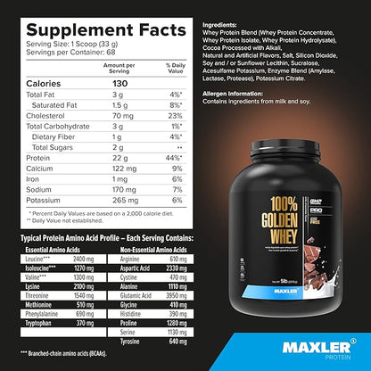 Maxler 100% Golden Whey Protein - 22g Protein per Serving - Premium Whey Protein Powder for Pre Post Workout - Fast-Absorbing Whey Concentrate Isolate & Hydrolysate Blend - Milk Chocolate Protein 5 lb