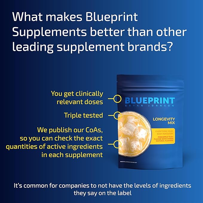 Blueprint Bryan Johnson Longevity Mix - Muscle Builder & Recovery Supplement - Promotes Focus and Stress Relief - Creatine, Ashwagandha, L-Theanine, Calcium - Vegan, Keto Friendly (Pineapple Yuzu)