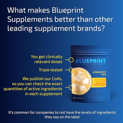 Blueprint Bryan Johnson Longevity Mix - Muscle Builder & Recovery Supplement - Promotes Focus and Stress Relief - Creatine, Ashwagandha, L-Theanine, Calcium - Vegan, Keto Friendly (Pineapple Yuzu)