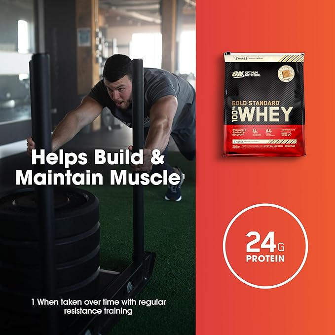 Optimum Nutrition 100% Gold Standard Whey Protein Powder - Protein Powder with a Blend of Hydrolyzed, Isolate and Whey Protein - Protein Powder for Muscle Recovery - S'Mores, 5.64 lb (80 Servings)