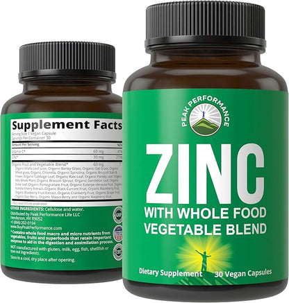 Vegan Zinc Supplement with Vitamin C + Whole Food Blend of 25 Vegetables and Fruits for Max Absorption. Zinc Supplements Zinc 30mg Capsules, Pills, Tablets, Vitamins for Adults Both Men and Women