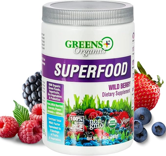 Greens+ Organic Wild Berry Superfood Powder, Antioxidant Polyphenol, Blend for Morning Kick, Energy, Vitality Boost, Nutrition, Vibrant Health, Dietary Supplement, Vegan Soy/Dairy/Gluten Free(8.46oz)