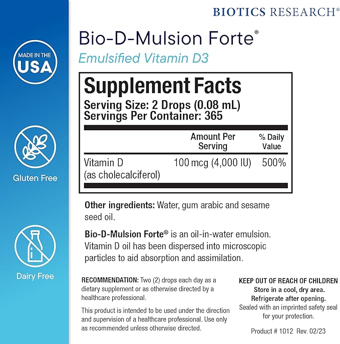 Biotics Research Bio-D-Mulsion Forte Liquid Vitamin D Drops 4000 IU – Vitamin D3 2000iu /Drop for Adults & Kids –Best Absorption, Strengthens Bones, Supports Cardiovascular & Immune System -1 fl oz