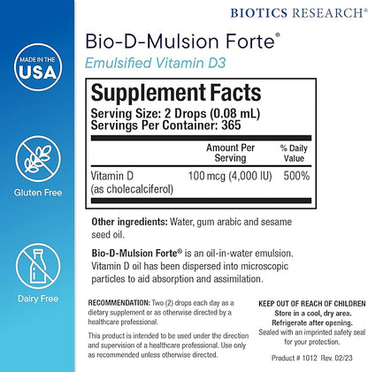Biotics Research Bio-D-Mulsion Forte Liquid Vitamin D Drops 4000 IU – Vitamin D3 2000iu /Drop for Adults & Kids –Best Absorption, Strengthens Bones, Supports Cardiovascular & Immune System -1 fl oz