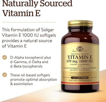 Solgar Vitamin E 670 mg (1000 IU), 100 Mixed Softgels - Natural Antioxidant, Skin & Immune System Support - Naturally-Sourced Vitamin E - Gluten /Dairy Free - 100 Servings