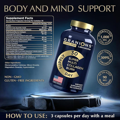 Thermogenic Hydrolyzed Collagen Burn - Hyaluronic Acid, Vitamin C, Multi Collagen Complex - Cellulite Defense and Dermal Repair Multi Collagen Peptides Capsules for Women and Men - 90 Collagen Pills