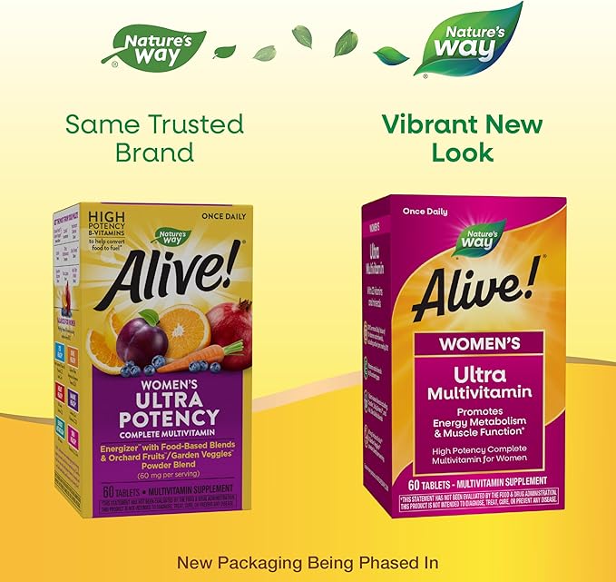Nature's Way Alive! Women's Daily Ultra Multivitamin, High Potency Formula, Promotes Energy Metabolism and Muscle Function*, with Methylated B12, 60 Tablets (Packaging May Vary)