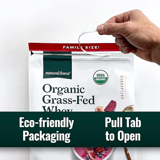 Natural Force Grass Fed Organic Whey Protein Powder – Non GMO Verified, Humane Certified & Lab Tested for Toxins – Pure & Unflavored – Keto Friendly, Low Carb, and Kosher – 5 Pound A2 Protein