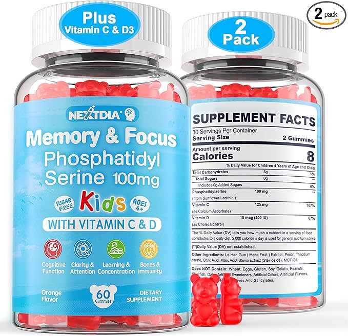 Phosphatidylserine Supplement 100mg, Focus Gummies for Kids Teens + Vitamin C & D3 400IU, Sugar Free Kids Brain Gummies Increase Attention & Concentration, Chewable, Vegan, Gluten Free, Non-GMO 2 Pack