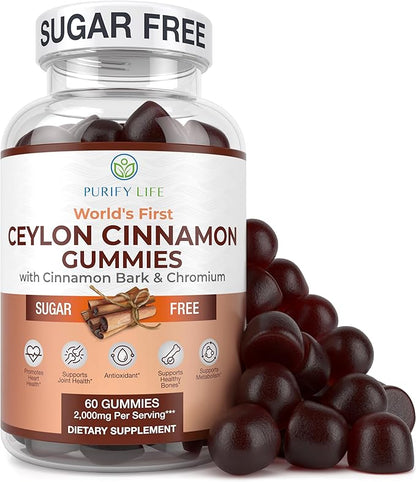 Sugar-Free Ceylon Cinnamon Gummies (2,000mg/Serving) Joint Pain Support Cinnamon Supplement & Brain Health, Vegan, Gluten-Free, Replace Ceylon Cinnamon Capsules, Pills, Powder Extract 60 Chews