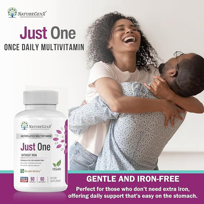Just One Daily Methylated Multivitamin - 60 Caps Pure Methyl B12, Methylfolate MTHFR Support Supplement Iron Free Methylated Vitamins for Men & Women 2 Months Supply Gluten Free