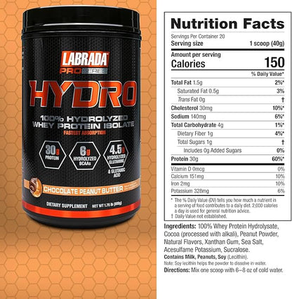 LABRADA HYDRO 100% Pure Hydrolyzed Whey Protein Isolate Powder, Lactose free, 6g BCAA’s, 4.5g Glutamine, Fastest Digesting Whey Available, Instant Mixing, Delicious Taste 20 Servings Choc PeanutButter