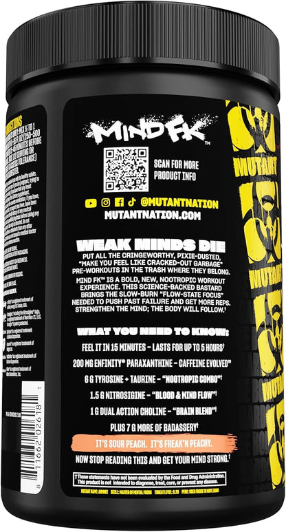 Mutant Mind FK - Epic Nootropic Pre-Workout - Brain Supplement for Mental Focus - 20 Serve - Sour Peach - 460g