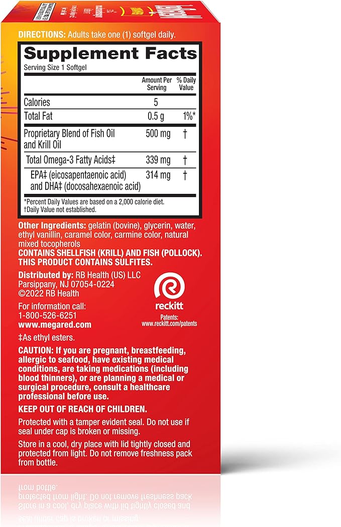 Megared Omega-3 Fish Oil + High Absorption Krill Oil 500mg Softgels, MegaRed Advanced 4in1 (80 count in a bottle) Concentrated Omega-3 Fish & Krill Oil Supplement