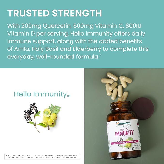 Himalaya Hello Immunity with Quercetin, Vitamin C, Vitamin D, Zinc, Amla, Elderberry & Holy Basil for Daily Immune Support, Vegan, Gluten Free, 60 Capsules, 1 Month Supply