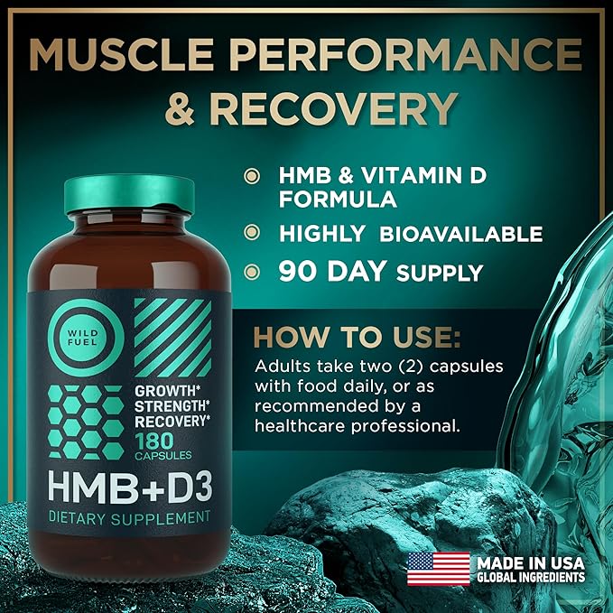 HMB and Vitamin D3 Supplement Capsules - B-Hydroxy B-Methylbutyrate 1,000 MG HMB Supplements with Vitamin D3 - Muscle Growth, Strength, Performance and After Workout Muscle Recovery - 360 HMB Capsules