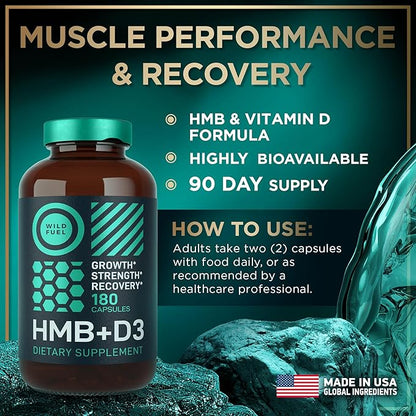 HMB and Vitamin D3 Supplement Capsules - B-Hydroxy B-Methylbutyrate 1,000 MG HMB Supplements with Vitamin D3 - Muscle Growth, Strength, Performance and After Workout Muscle Recovery - 360 HMB Capsules