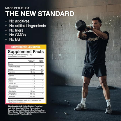 RAW EAA Amino Acids Powder, Strawberry Lemonade (25 Servings) - Pre Workout Amino Energy Powder for Strength, Endurance, Recovery & Lean Muscle Growth - BCAA Amino Acids Supplement for Men & Women