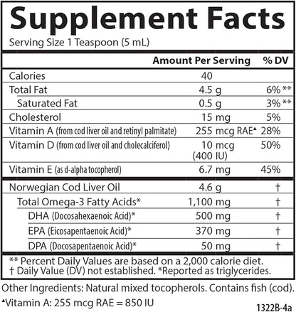 Carlson - Cod Liver Oil, 1100 mg Omega-3s, Wild-Caught Norwegian Arctic Cod-Liver Oil, Sustainably Sourced Nordic Fish Oil Liquid, Unflavored, 500 ml (16.9 Fl Oz)