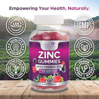 Zinc Gummy for Adults 50mg, Max Strength Bone, Skin & Immune Support Zinc Gummies, Vegan, Non-GMO & Gluten Free, Immune Health Support, Nature’s Antioxidant Chewable Zinc Vitamins - 120 Gummies
