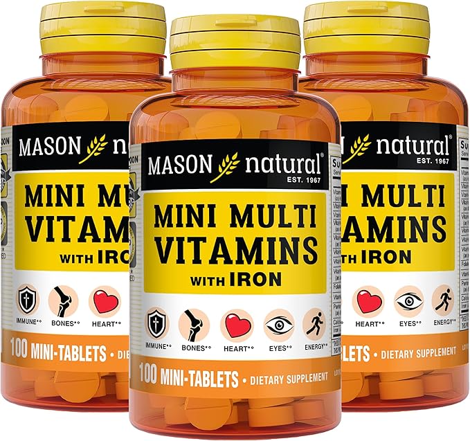 MASON NATURAL Daily Mini Multi Vitamins with Iron, Vitamins A, C, D, E, B1, B2, B3, B6, B12, Folate & Calcium, 100 Day Supply per Bottle (3-Pack)