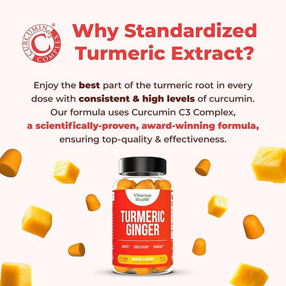 Turmeric Supplement and Ginger Root Gummies Joint Support Supplement - Turmeric Curcumin Supplement 95% Curcuminoids. Tumeric Curcumin C3 Complex for Max Absorption. 60 Mango Flavor Turmeric Gummies