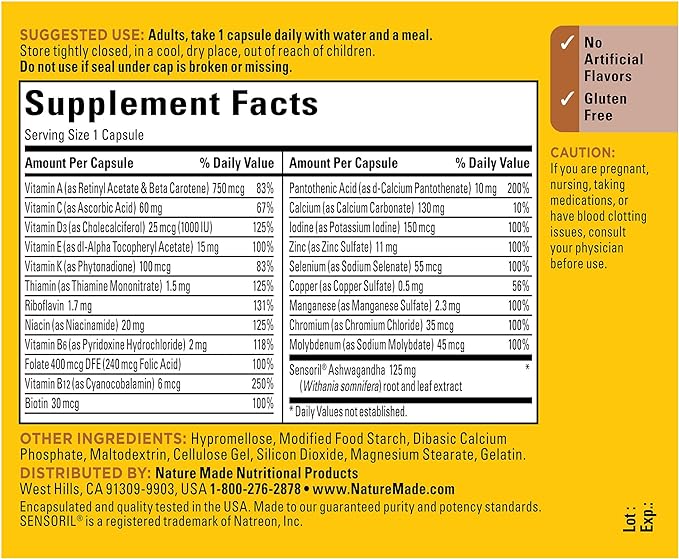 Nature Made Multi + Ashwagandha, Multivitamin for Daily Stress Relief Support, One Per Day Multivitamin, 60 Capsules