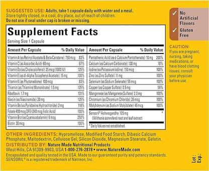 Nature Made Multi + Ashwagandha, Multivitamin for Daily Stress Relief Support, One Per Day Multivitamin, 60 Capsules