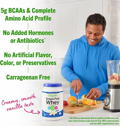 Orgain Whey Protein Powder, Vanilla Bean- 21g Grass Fed Dairy Protein, 5g BCAAs, 3g Prebiotic Fiber, No Sugar Added, No Added Hormones, Gluten Free, Kosher, For Shakes & Smoothies - 1.82lb