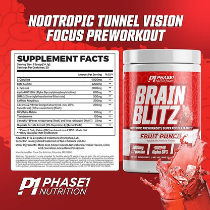 Phase 1 Nutrition Brain Blitz, Fruit Punch - Nootropic Preworkout with Beta Alanine, L-Citrulline & 350 mg Caffeine