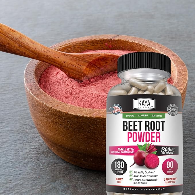 Kaya Naturals Organic Beet Root Powder 1300mg Per Serving 60 Veggie Capsules Supports Athletic Performance Aids in Healthy Circulation (60)