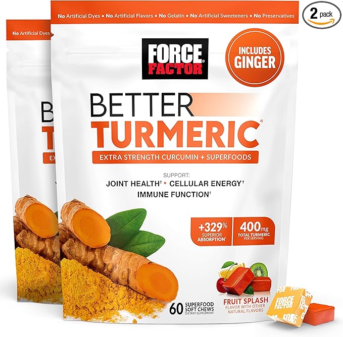 Force Factor Better Turmeric Joint Support Supplement for Extra Strength Joint Health, Featuring HydroCurc Turmeric Curcumin with Black Pepper for Superior Absorption, Fruit Splash, 120 Soft Chews