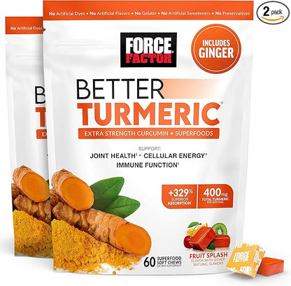Force Factor Better Turmeric Joint Support Supplement for Extra Strength Joint Health, Featuring HydroCurc Turmeric Curcumin with Black Pepper for Superior Absorption, Fruit Splash, 120 Soft Chews
