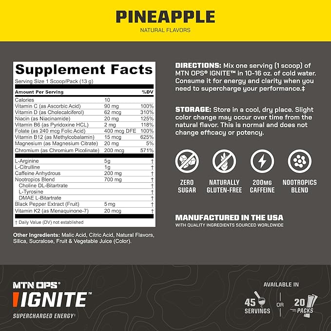 MTN OPS Ignite Supercharged Energy Drink Mix 45-Serving Tub, Pineapple Crush