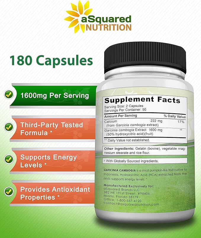 aSquared Nutrition Garcinia Cambogia 1600mg-180 Capsules-Natural Pure Extract Pills for Brain Health- Standardized Ultra HCA & Garcinia Cambogia Supplement Alternative to Gummies, Drops, Tea & Powder