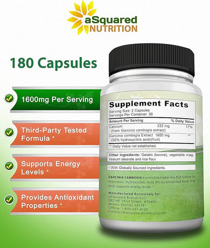 aSquared Nutrition Garcinia Cambogia 1600mg-180 Capsules-Natural Pure Extract Pills for Brain Health- Standardized Ultra HCA & Garcinia Cambogia Supplement Alternative to Gummies, Drops, Tea & Powder