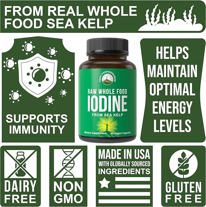 Raw Whole Food Iodine Supplement from Organic Kelp (Ascophyllum Nodosum) by Peak Performance. Potassium Iodide Support Tablets. for Metabolism, Energy, and Immune. 60 Vegan Capsules, Pills.