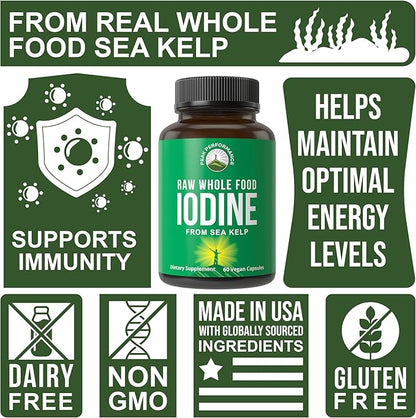Raw Whole Food Iodine Supplement from Organic Kelp (Ascophyllum Nodosum) by Peak Performance. Potassium Iodide Support Tablets. for Metabolism, Energy, and Immune. 60 Vegan Capsules, Pills.