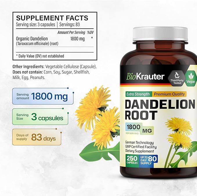 BIO KRAUTER Dandelion Root Capsules - 1800 mg Strength - 250 Count - Dandelion Root Supplement - Vegan Dandelion Powder Capsules for Digestion, Liver Support, Cleansing and Immunity