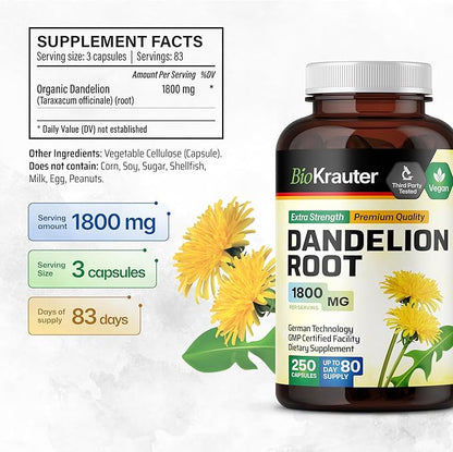 BIO KRAUTER Dandelion Root Capsules - 1800 mg Strength - 250 Count - Dandelion Root Supplement - Vegan Dandelion Powder Capsules for Digestion, Liver Support, Cleansing and Immunity